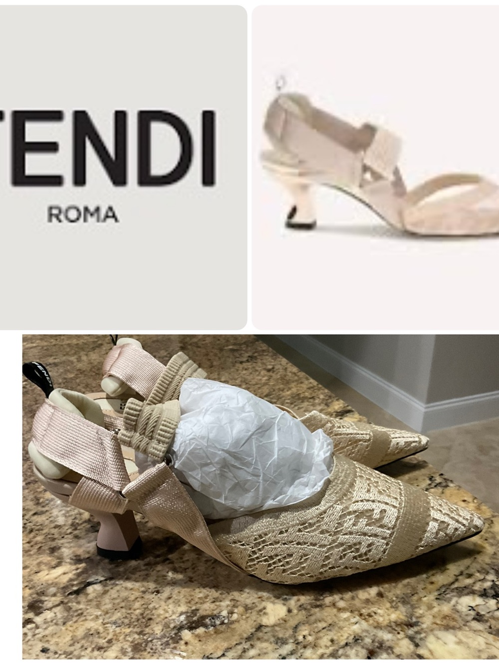 ‼️WOW‼️Fendi Nude Beige Lace Pointed Slingback Heels with Ribbon Ankle Straps‼️